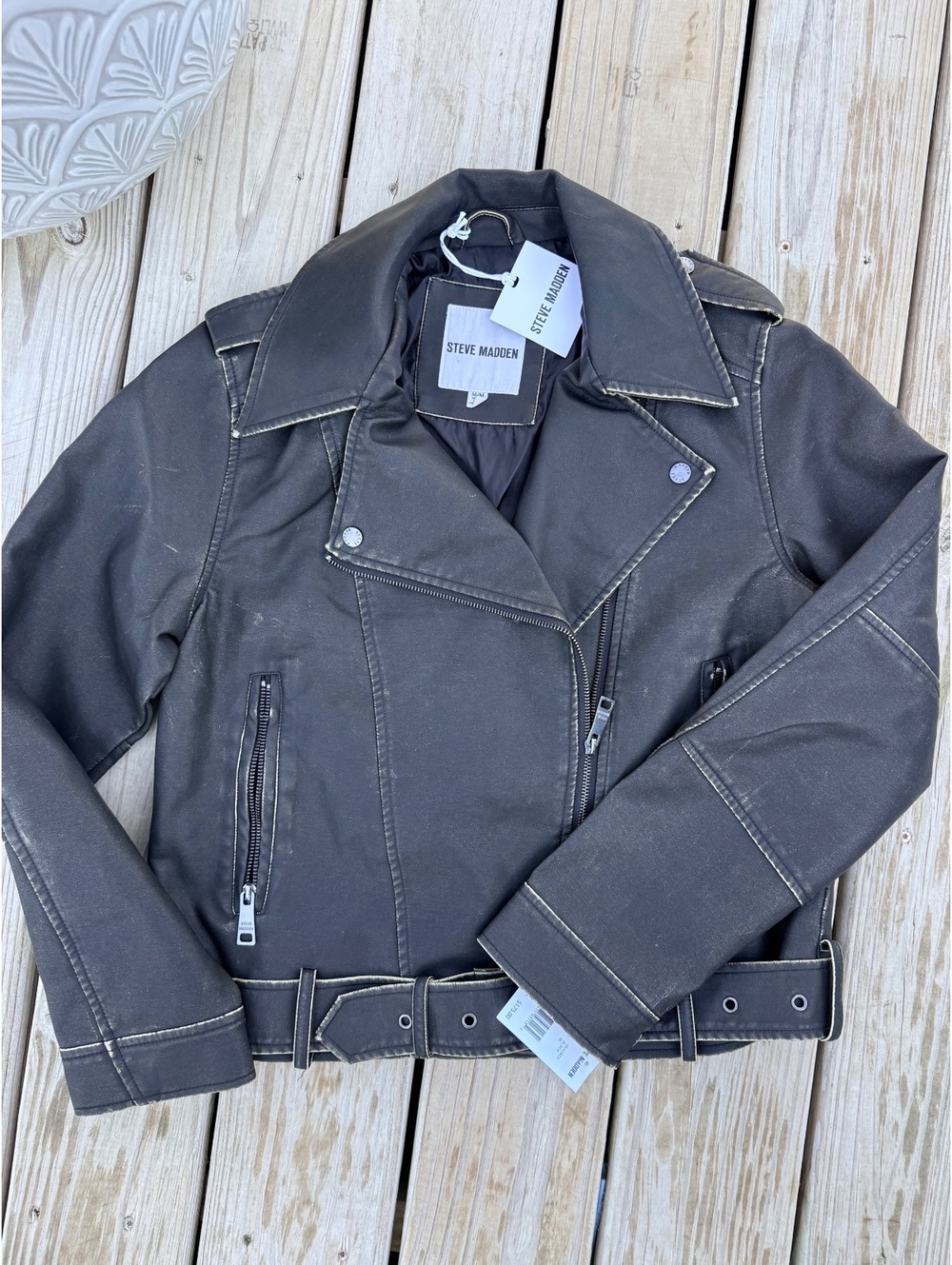 NWT Steve Madden Womens M Black Distressed Faux Leather Belted Moto Jacket